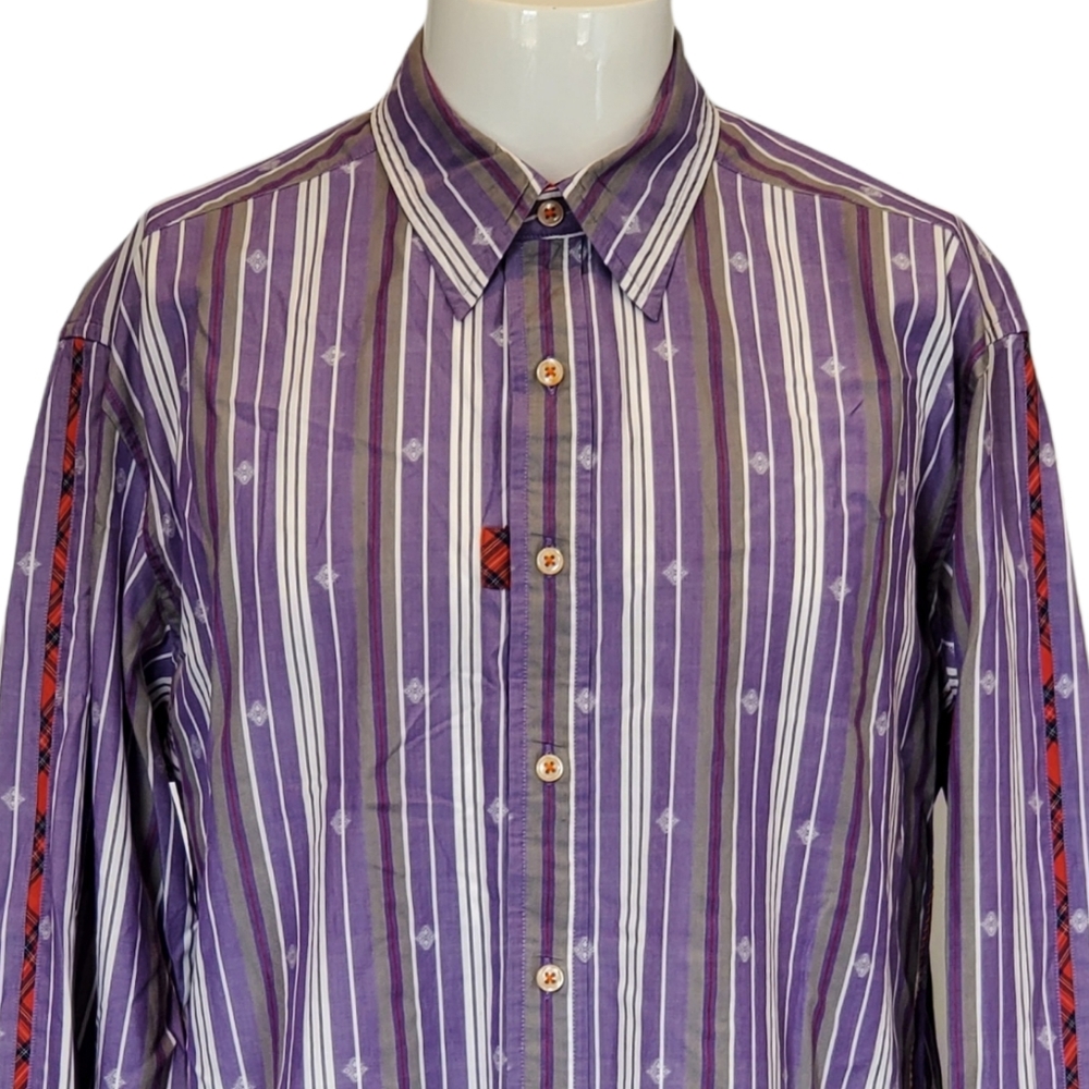 Robert Graham Men's Long Sleeve Shirt Classic Purple White Stripes Plaid Details